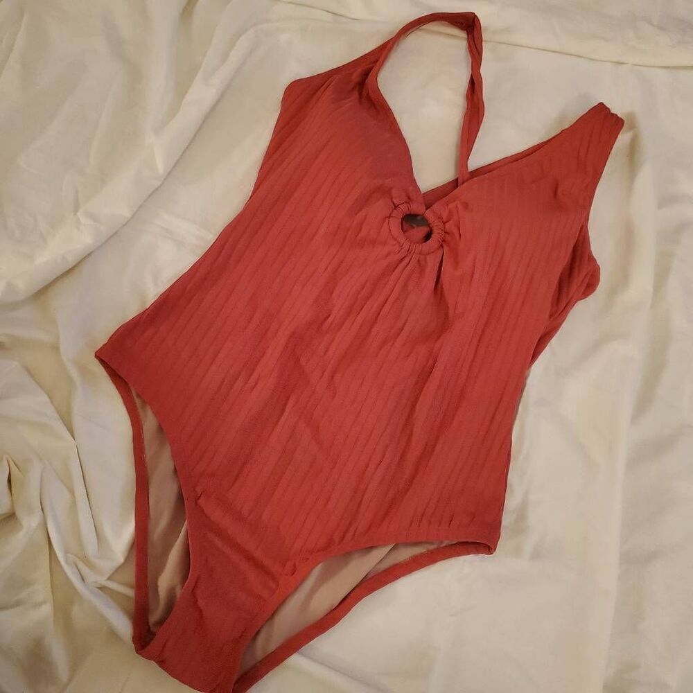 Kona Sol Plunge Tie-Back Ribbed Onepiece. Size Large EUC